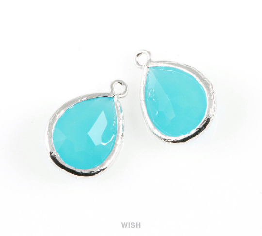 Ocean Blue Teardrop Glass Charm in Rhodium, Framed Drop Glass Gem / GOBRH-005-P