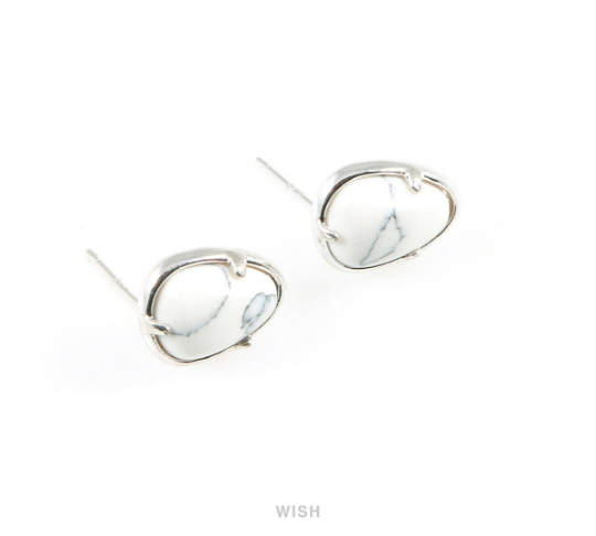 Howlite Teardrop Stone Earrings in Rhodium, Gemstone Framed Ear Post / SHTRH-068-E