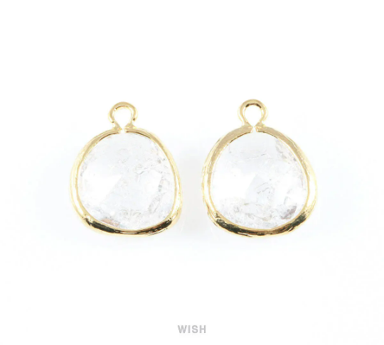 Clear Sparkle Glass Charm in Gold, Framed Drop Glass Bead / GCLG-013-P