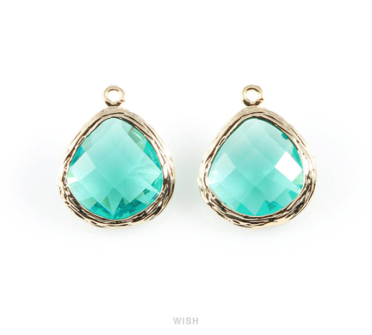 Blue Zircon Faceted Glass Charm in Gold, Framed Pendant / GBZG-036-P
