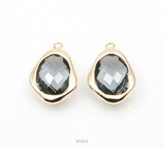 Charcoal Faceted Glass Charms in Rhodium, Framed Teardrop Pendant / GCCRH-085-P