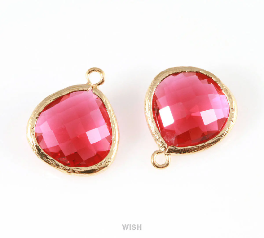 Ruby Faceted Glass Charm in Gold, Framed Drop Glass Bead / GRBG-001-P (Large)