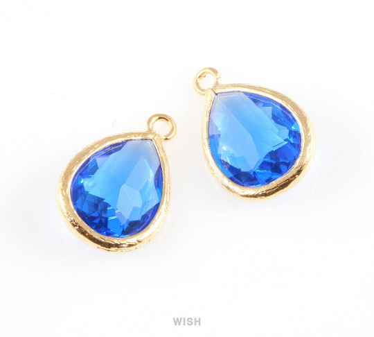 Cobalt Blue Teardrop Glass Charm in Gold, Framed Drop Glass Gem / GCTG-005-P