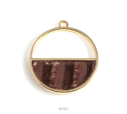 Brown Velvet Circle Pendant in Gold Frame, Chocolate Velvet Round Charm / MG-BW-517-P