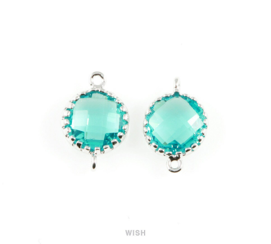 Blue Zircon Faceted Glass Connector in Rhodium, Framed Round Connector/ GBZRH-008-P