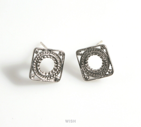 Square Stud Earrings in Matte Rhodium, Oriental Patterned Square Ear Studs / MMRH-606-E