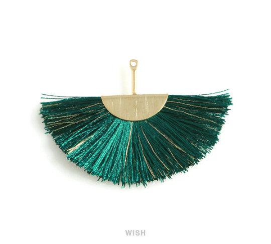 Semicircle Dark Green Gold Thread Tassel in Gold, Semicircular Green Thread Pendant / TDGG-009-T