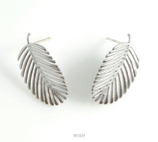 Banana Leaf Stud Earrings in Matte Rhodium, Palm Tree Leaf Studs / MMRH-434-E