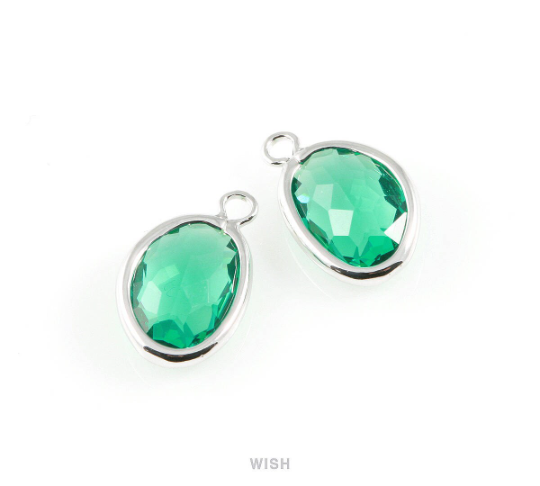 Emerald Pear Glass Charm in Rhodium, Glass Framed Pendant / GEMRH-040-P