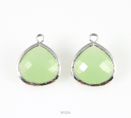 Light Mint Faceted Glass Charm in Rhodium, Framed Drop Glass Bead / GLMRH-001-P (Large)
