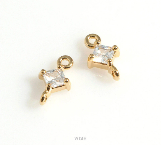 Diamond Shape Cubic Zirconia Connector in Gold, Dainty CZ Charm / CG-085-P (4pcs)