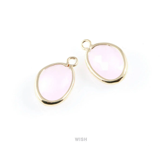 Rose Quartz Pear Glass Charm in Gold, Glass Framed Pendant / GRQG-040-P