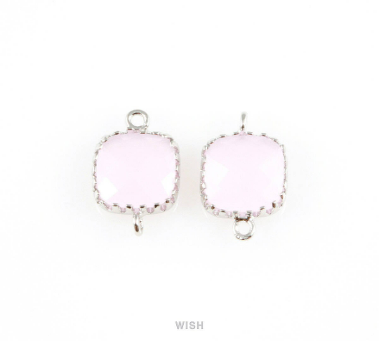 Rose Quartz Faceted Glass Connector in Rhodium, Framed Square Connector/ GRQRH-007-P