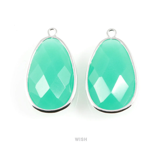 Mint Oval Glass Charm in Rhodium, Glass Framed Pendant / GMTRH-045-P