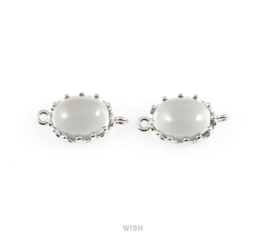 Charcoal Oval Glass Connectors in Rhodium, Framed Glass Gem / GCCRH-020-P