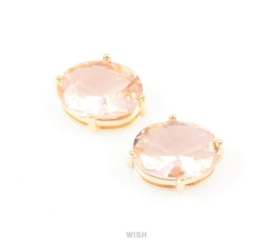 Peach Oval Faceted Glass Charm in Gold, Framed Pendants / GPCG-088-P