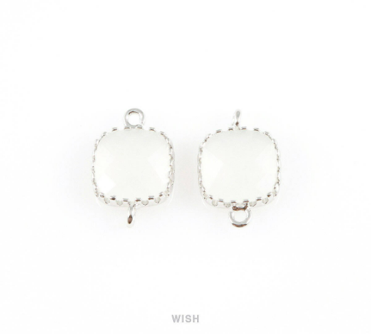 White Alabaster Faceted Glass Connector in Rhodium, Framed Square Connector/ GWARH-007-P