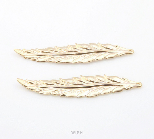 Large Feather Pendant in Matte Gold, Textured Feather Charm /MMG-237-P