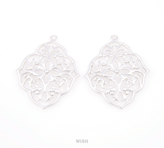 Floral Shield Pendants in Matte Rhodium, Oriental Floral Charm / MMRH-057-P