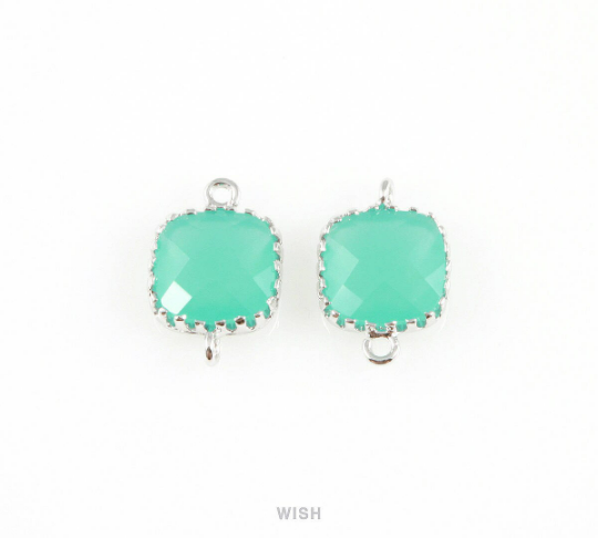 Mint Faceted Glass Connector in Rhodium, Framed Square Connector/GMTRH-007-P