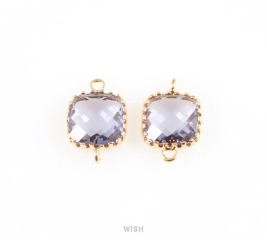 Amethyst Faceted Glass Connector in Gold, Framed Square Connector / GTZG-007-P