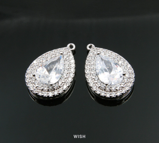Teardrop Cubic Zirconia Pendants in Rhodium, Sub Rheinstone, Drop Cubic Charm / CRH-049-P