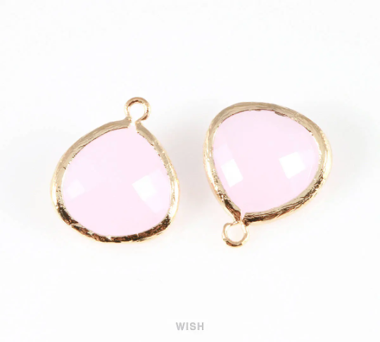 Rose Quartz Faceted Glass Charm in Gold, Framed Drop Glass Bead / GRQG-001-P (Large)