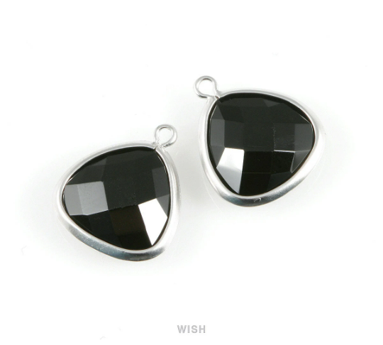 Black Onyx Faceted Gemstone Pendant in Matte Rhodium, Triangle Onyx Bezel Charms / SJTMRH-029-P