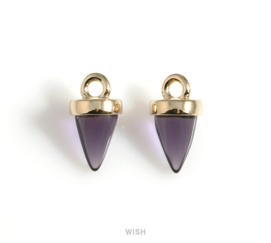 Amethyst Cone Glass Charm in Gold, Tanzanite Point Gemstone Pendant / STZG-120-P