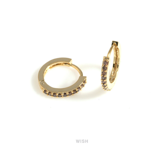 Charcoal CZ Latch Back Huggie Hoop Earrings in Gold, Charcoal CZ Huggie Earrings / CG-083-E3