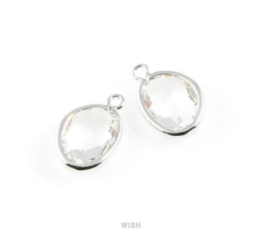 Clear Pear Glass Charm in Rhodium, Glass Framed Pendant /GCLRH-040-P