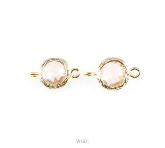 Peach faceted Glass Connector in Gold, Framed Round Glass Bead/ GPCG-015-P