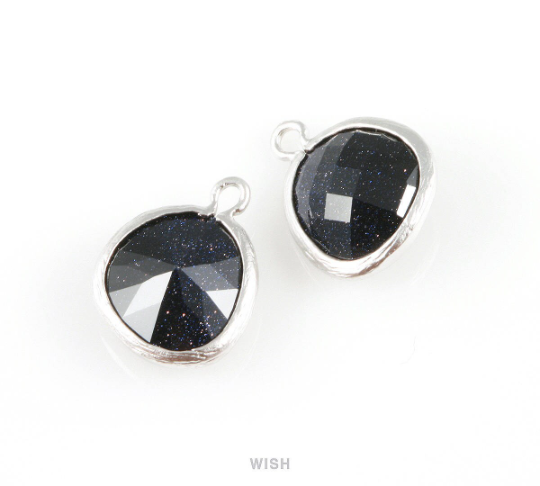 Lapis-Lazuli Faceted Glass Charm in Matte Rhodium, Framed Drop Glass Gem / GLLMRH-004-P