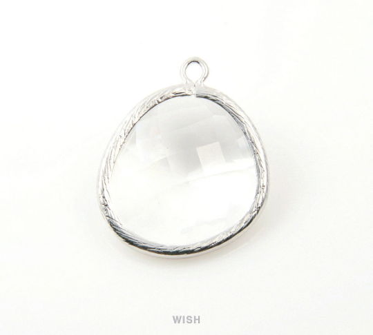 Clear Faceted Glass Charm in Rhodium, Framed Glass Gem / GCLRH-101-P (Large)