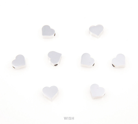 Small Heart Pendants in Rhodium, Heart Beads / MRH-039-B (8 pcs)