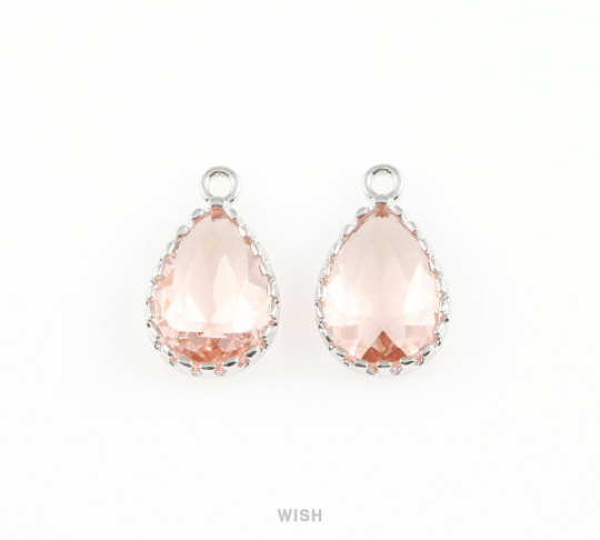 Peach Teardrop Glass Charm in Rhodium, Framed Drop Glass Gem / GPCRH-017-P