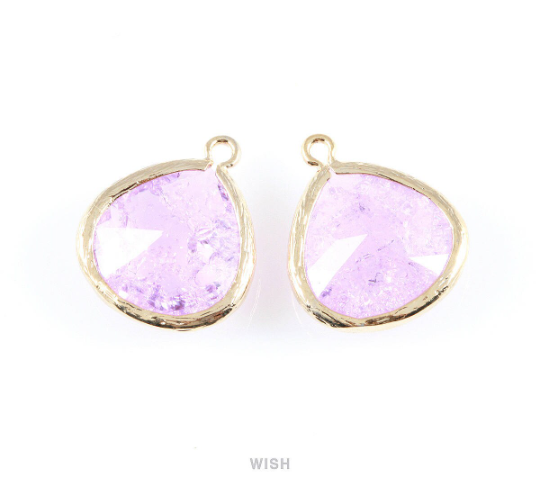 Light Amethyst Sparkle Glass Charm in Gold, Framed Drop Glass Bead / GLDG-012-P (Large)