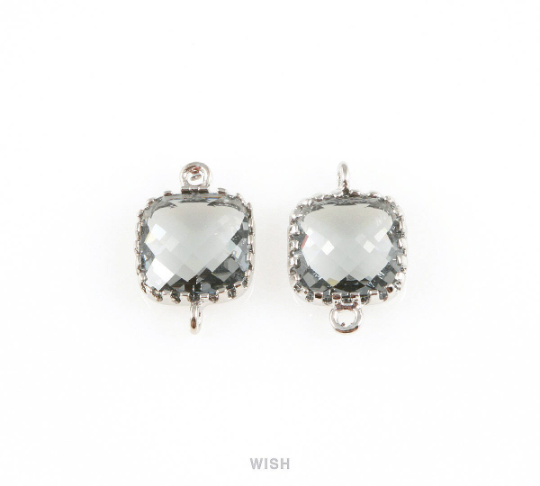 Charcoal Faceted Glass Connector in Rhodium, Framed Square Connector / GCCRH-007-P