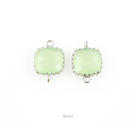 Light Mint Faceted Glass Connector in Rhodium, Framed Square Connector / GLMRH-007-P