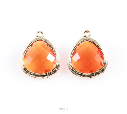 Citrine Faceted Glass Charm in Gold, Framed Pendant / GCNG-036-P
