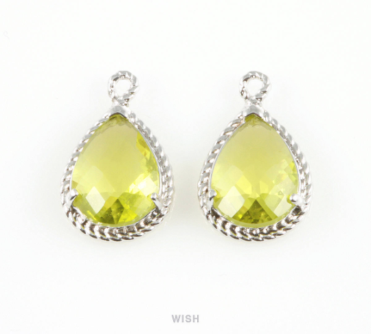 Apple Teardrop Glass Charm in Rhodium, Framed Drop Glass Gem / Birthstone / GAPRH-006-P