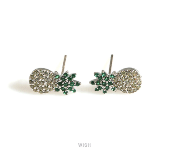 Cubic Zirconia Pineapple Stud Earrings in Rhodium, Pineapple Stud Earrings / MRH-699-E