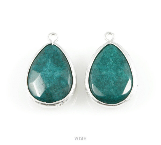 Green Turquoise Synthetic Stone Charms in Matte Rhodium, Framed Teardrop Pendant / SGTMRH-010-P