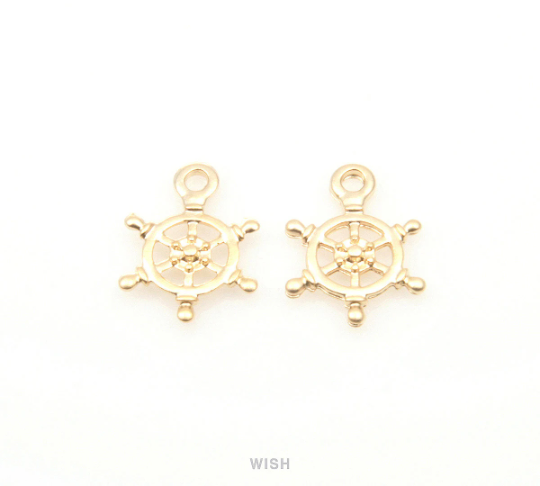 Ship Steering Wheel Pendant in Matte Gold, Steering Gear Charm / MMG-223-P