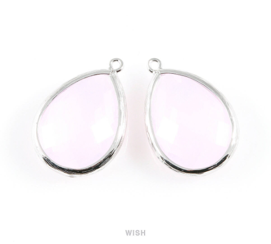 Violet Opal Teardrop Glass Charm in Rhodium, Framed Drop Glass Gem / GVORH-044-P