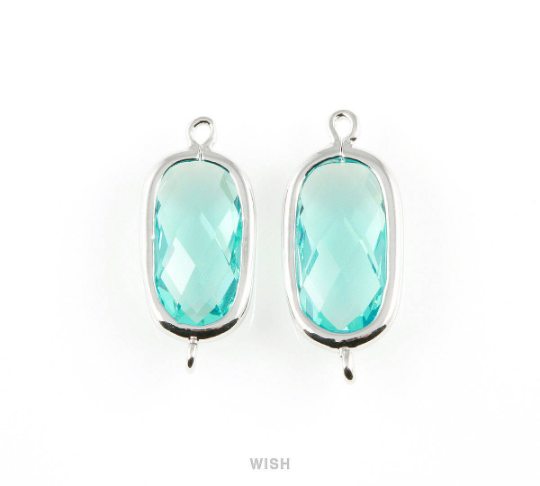 Aquamarine Oval Glass Connector in Rhodium, Framed Oval Connector/ GAQRH-035-C