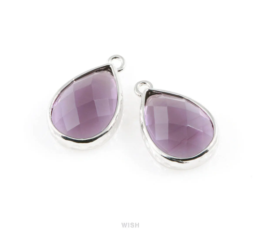 Amethyst Teardrop Glass Charm in Rhodium, Framed Drop Glass Gem / GTZRH-037-P
