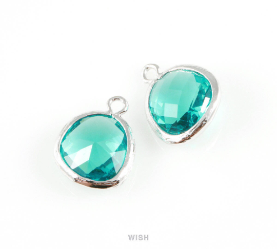 Blue Zircon Faceted Glass Charm in Rhodium, Framed Drop Glass Gem / GBZRH-004-P (Medium)