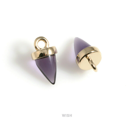Amethyst Cone Glass Charm in Gold, Tanzanite Point Gemstone Pendant / STZG-120-P