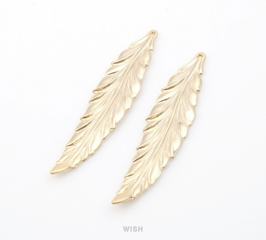 Large Feather Pendant in Matte Gold, Textured Feather Charm /MMG-237-P